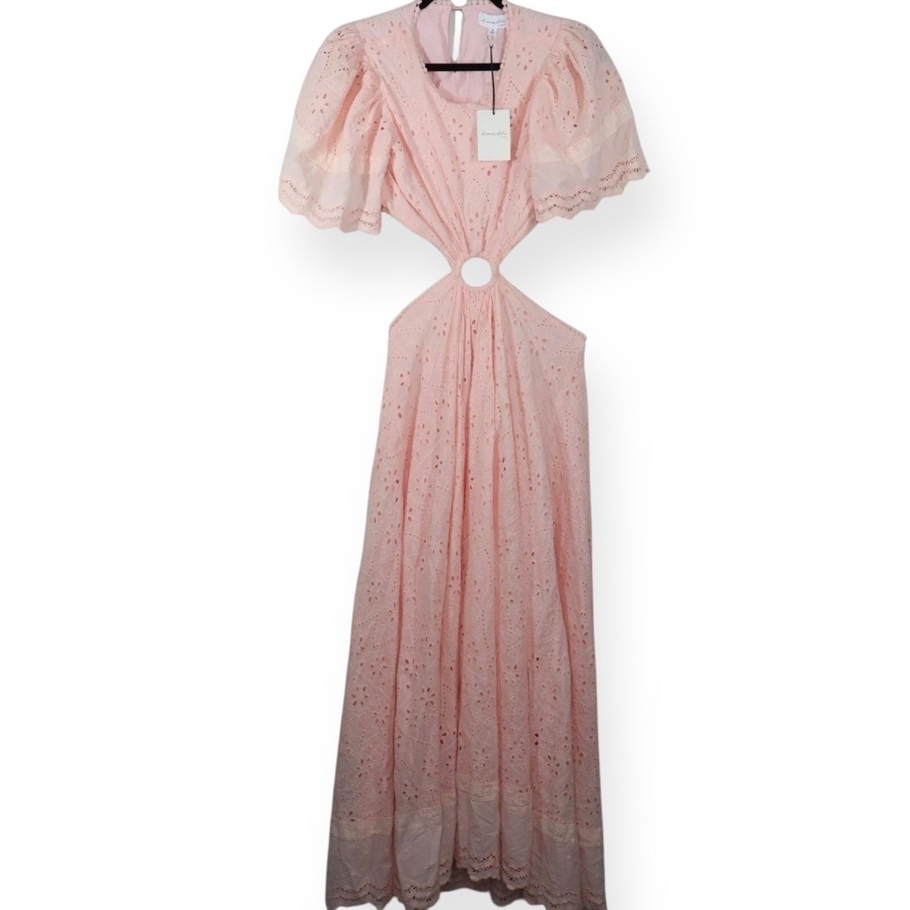 Amable by Mable Maxi Dress Womens Size Small Pink Cut Out Eyelet Puff Sleeve NWT